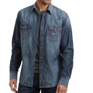 Wrangler Retro Premium Mens Medium Shirt Denim Pearl Snap Long Sleeve We…